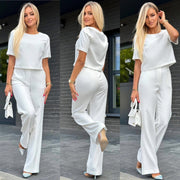 Short Sleeve Elegant Straight Leg Pants Matching Suit Set