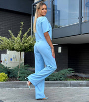 Short Sleeve Elegant Straight Leg Pants Matching Suit Set