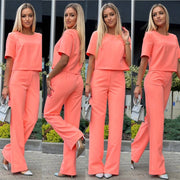Short Sleeve Elegant Straight Leg Pants Matching Suit Set