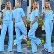 Short Sleeve Elegant Straight Leg Pants Matching Suit Set