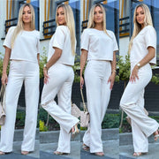 Short Sleeve Elegant Straight Leg Pants Matching Suit Set