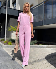 Short Sleeve Elegant Straight Leg Pants Matching Suit Set