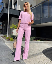 Short Sleeve Elegant Straight Leg Pants Matching Suit Set