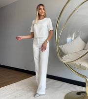 Short Sleeve Elegant Straight Leg Pants Matching Suit Set