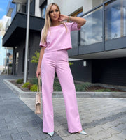 Short Sleeve Elegant Straight Leg Pants Matching Suit Set