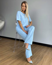 Short Sleeve Elegant Straight Leg Pants Matching Suit Set