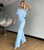 Short Sleeve Elegant Straight Leg Pants Matching Suit Set