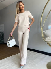 Short Sleeve Elegant Straight Leg Pants Matching Suit Set