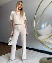 Short Sleeve Elegant Straight Leg Pants Matching Suit Set