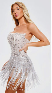 Strapless Silver Pearl Sequin Tassel Mini Dress