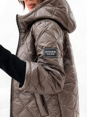 Long Sleeve Sweater Cuff Diamond Pleated Hood Zipper Jacket