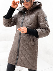 Long Sleeve Sweater Cuff Diamond Pleated Hood Zipper Jacket