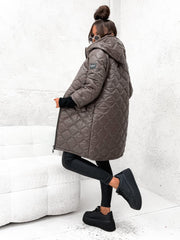 Long Sleeve Sweater Cuff Diamond Pleated Hood Zipper Jacket