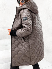 Long Sleeve Sweater Cuff Diamond Pleated Hood Zipper Jacket