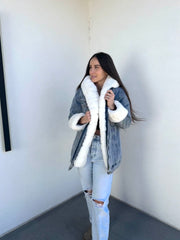 Jean Jacket White Faux Fur Decorative Cuff Zipper & Button Closing