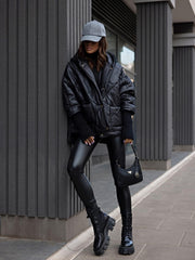 Coat with Extended Knitted Cuff Lined Knitted Hood Puffer Jacket