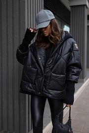 Coat with Extended Knitted Cuff Lined Knitted Hood Puffer Jacket