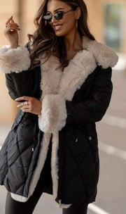 Decorative Faux Fur Cuff Angel Wing UnZipped Hood Pleated Diamond