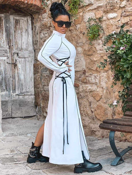 Long Sleeve Leg Slit Adjustable Tie On The Sides Maxi Dress