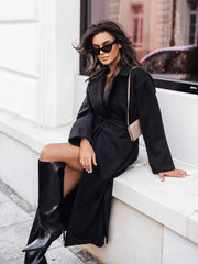Casual Peak Collar Belted Long Overcoat