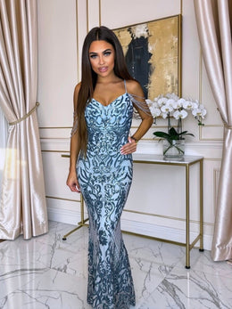 Icy Blue Embellished Evening Gown