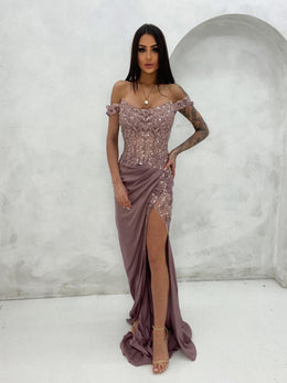 Dusty Mauve Off-Shoulder Evening Gown