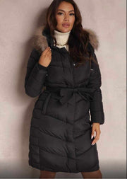 Midi Length Pockets Detachable Fur & Hood Puffer Jacket