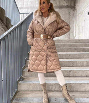 Long Sleeve Diamond Pleated Design Faux Sheep Hood Jacket