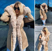 Beige Long Sleeve Faux Fur Cuff Faux Fur Lined Pockets Jacket