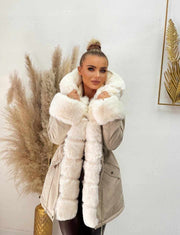 Beige Long Sleeve Faux Fur Cuff Faux Fur Lined Pockets Jacket