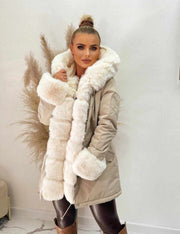 Beige Long Sleeve Faux Fur Cuff Faux Fur Lined Pockets Jacket