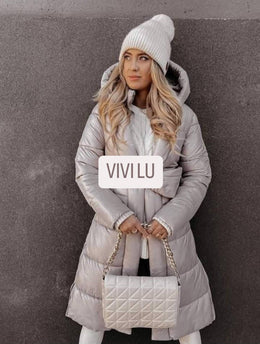 Long Puffer Jacket Belt with Fanny Pack Zipper Pockets Hood