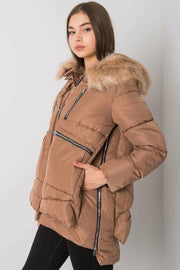 Faux Fur Hood Outside Zipper Outside Pockets Side Zipper Puffer Jacket