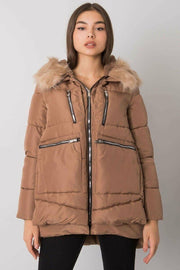 Faux Fur Hood Outside Zipper Outside Pockets Side Zipper Puffer Jacket
