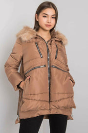 Faux Fur Hood Outside Zipper Outside Pockets Side Zipper Puffer Jacket