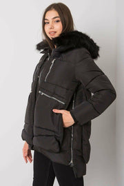 Faux Fur Hood Outside Zipper Outside Pockets Side Zipper Puffer Jacket