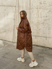 Women's Long Winter Coats Autumn Spring Mid-Length Belt Fashion Diamond Lattice Jacket