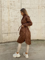 Women's Long Winter Coats Autumn Spring Mid-Length Belt Fashion Diamond Lattice Jacket