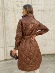 Women's Long Winter Coats Autumn Spring Mid-Length Belt Fashion Diamond Lattice Jacket