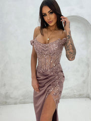 Dusty Mauve Off-Shoulder Evening Gown