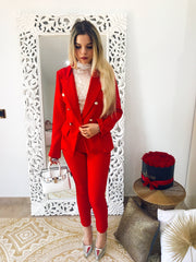 Double Breasted Blazer with Gold Buttons & Cigarette-Leg Pants Suit