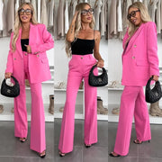 Double Breasted Long Blazer Wide Leg Pants Suit Set
