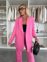 Double Breasted Long Blazer Wide Leg Pants Suit Set
