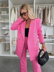Double Breasted Long Blazer Wide Leg Pants Suit Set