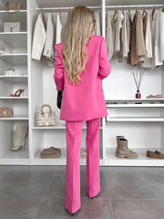 Double Breasted Long Blazer Wide Leg Pants Suit Set