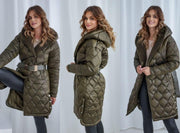 Long Sleeve Diamond Pleated Design Faux Sheep Hood Jacket