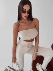Velvet High Waisted Pants Strapless Top Set
