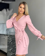 Long Sleeve Wrap Tie Mini Dress