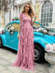 One Shoulder Tie Tulle Maxi Dress