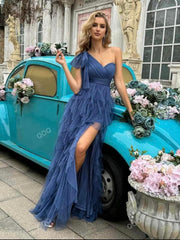 One Shoulder Tie Tulle Maxi Dress